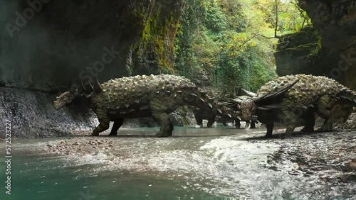 3D render animation of group of ankylosaurus dinosaurs at the river in the forest in a prehistoric setting, herbivorous dinosaurs photo