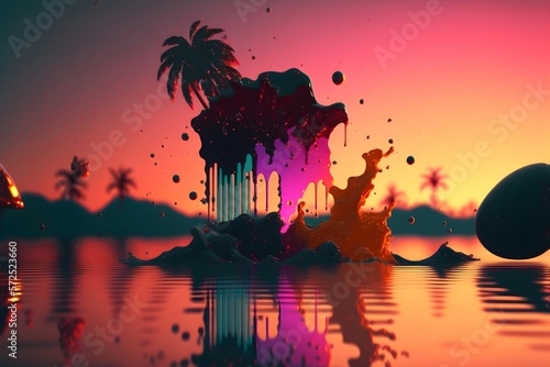 3d elements splashing into water. abstract shapes with sunset colors