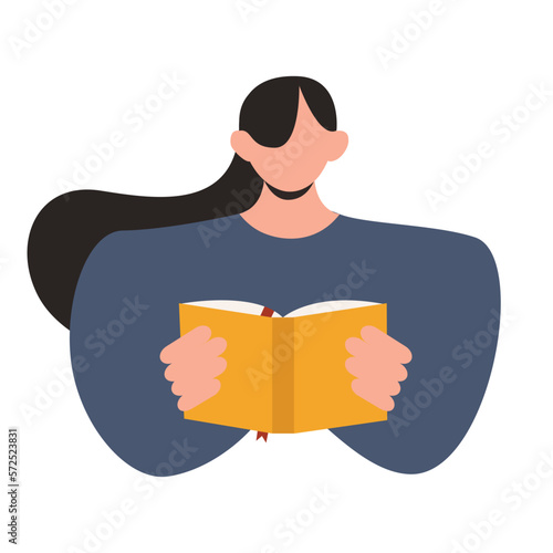Young woman reading book. Back to school, library or book festival concept. Hand drawn vector female illustration
