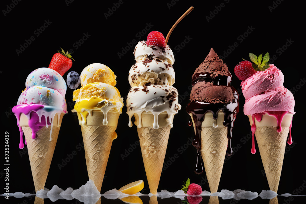 Row of ice cream scoops and cones against black background . AI