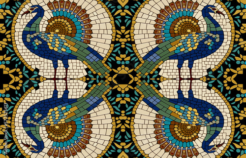 Peacock pheasant turkey mosaic pattern. Abstract folk ethnic tribal geometric graphic line. Texture textile fabric seamless patterns vector illustration. Ornate elegant luxury vintage retro style.