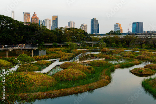 View of Benjakitti Forest Park, is new landmark public park of central Bangkok includes sky bridge, walking path and central lake. Many people are visiting this place