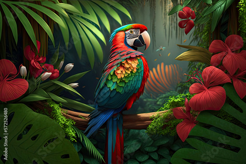 Tropical rainforest with macaw parrot bird with palm leaves and flowers, Generative AI