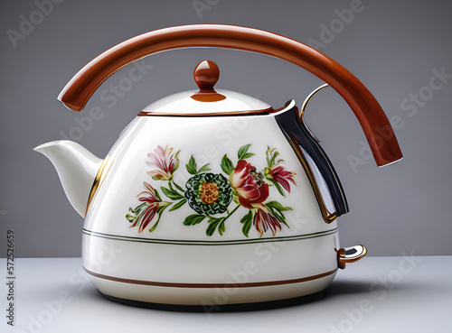 Porcelain kettle. Vintage porcelain dishes. 3D render. Vintage porcelain kettle and dishes make for a charming addition to any kitchen. Created using generative AI tools. photo