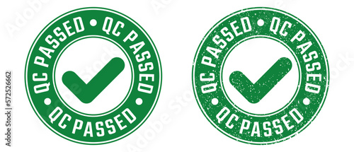 Quality control passed stamp sign with grunge texture vector on white background, QC Passed