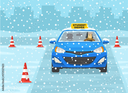 Winter time car drive practicing. Driving practice on the test routes. Young male student driver practicing maneuvers on road. Flat vector illustration template.