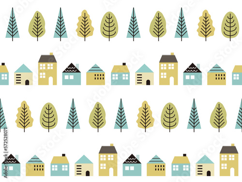 北欧風の街並みと木々のシームレスパターン
