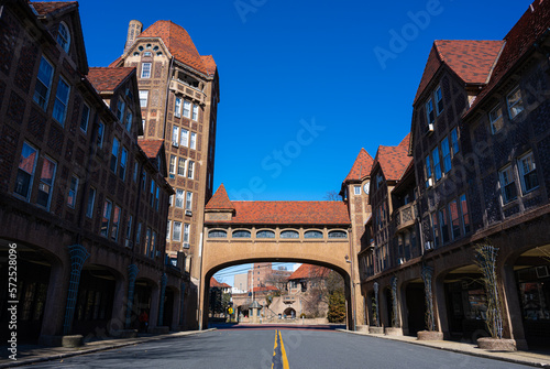 Beautiful historic buildings with street and blue sky in forest hills, New York