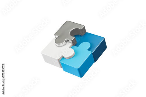 3D Metal flying jigsaw piece. Unity collaboration. Connecting jigsaw puzzle pieces. Symbol of teamwork, cooperation, partnership. Problem-solving. Success business element isolated on 3D rendering