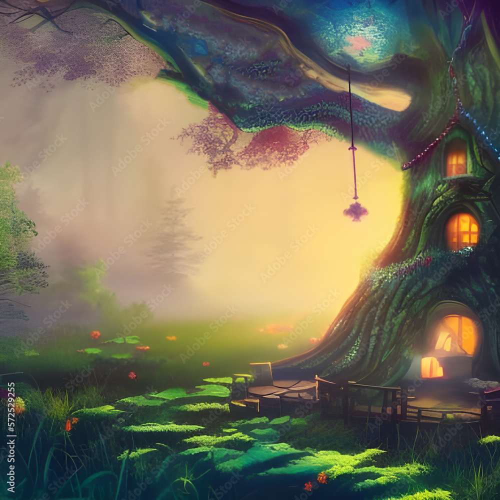 An enchanted tree house in a huge ancient tree hidden in the forest ...