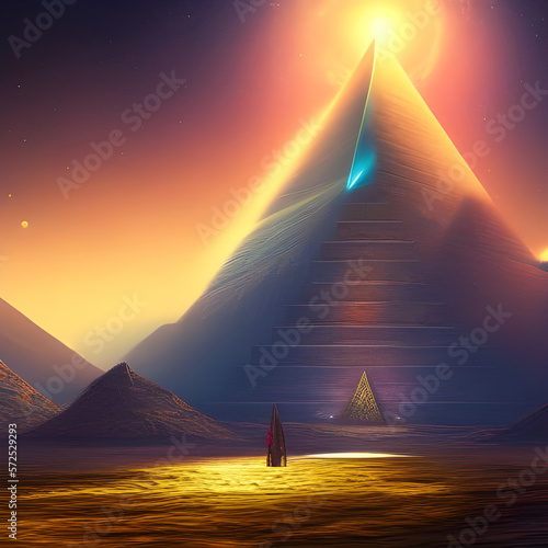 Strange worlds in a distant galaxy. An alien planet with a pyramid and glowing elements. Maybe artifacts of the past or the future  Made with Generative AI