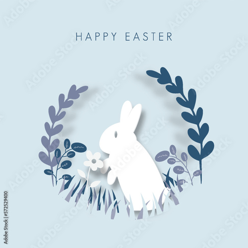 Happy easter greeting card template. paper cut illustration of easter rabbit, grass, flowers and blue egg shape.