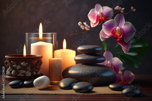 Spa, beauty treatment and wellness background with massage stone, Generative AI