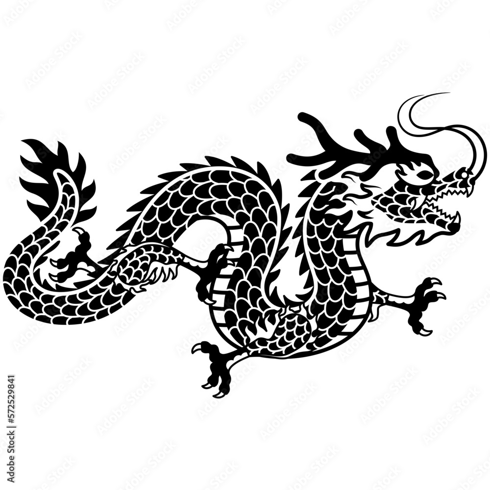 Fototapeta premium Dragon flying or soaring in the air. Solid or tattoo style of dragon dance heralds the spring festival or the Chinese New Year.