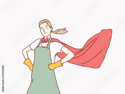 Strong mom hero ready to housework housewife simple korean style illustration
