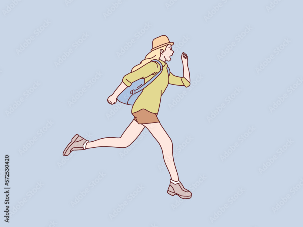 Young woman traveler tourist straw hat jump run for vacation simple korean style illustration Young woman traveler tourist straw hat jump run for vacation simple korean style illustration
