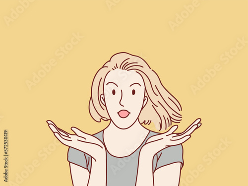Pardon happy have no idea clueless shrug shoulders confused gesture woman simple korean style illustration