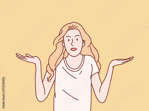 Pardon i dont know have no idea clueless shrug shoulders confused gesture woman simple korean style illustration