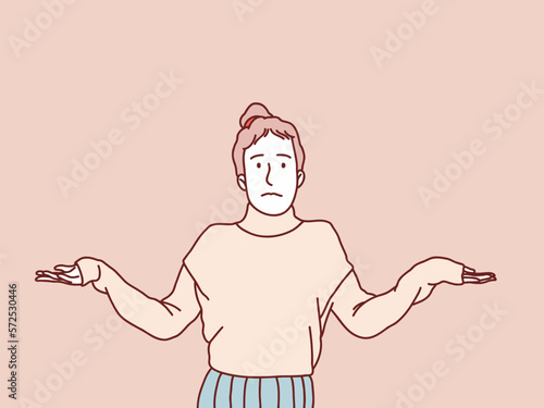 Pardon i dont know have no idea clueless shrug shoulders confused gesture womans simple korean style illustration