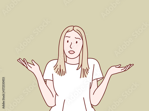 Pardon i dont know have no idea clueless shrug shoulders confused gesture young woman simple korean style illustration