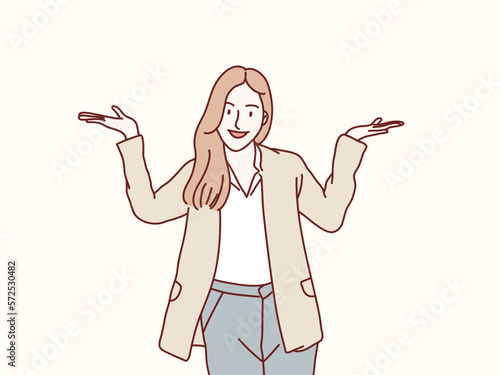 Pardon i dont know have no idea clueless shrug shoulders confused gesture young woman employee simple korean style illustration