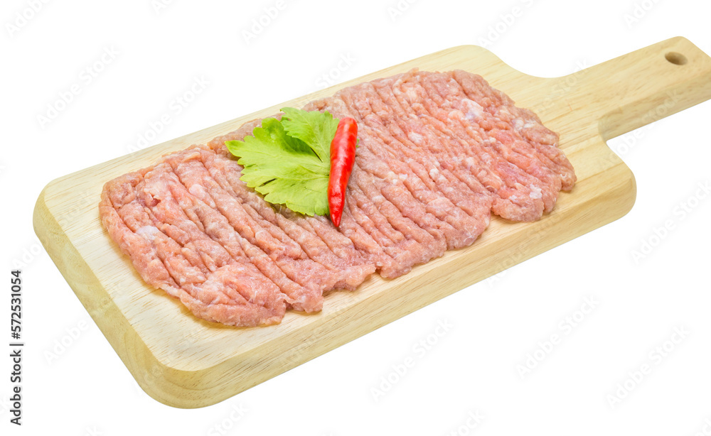 Raw minced pork on cutting board