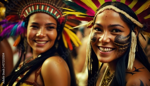 Joyful and Excited American Indian Women in Rio Carnival Costume: Colorful Illustration of Humans in Festive Brazilian Street Party with Samba Music and Dancing Floats Celebration (generative AI
