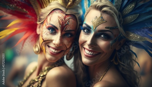 Joyful and Excited Caucasian Women in Rio Carnival Costume: Colorful Illustration of Humans in Festive Brazilian Street Party with Samba Music and Dancing Floats Celebration (generative AI