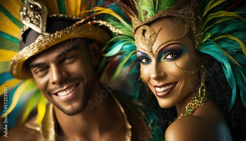 Joyful and Excited Hispanic Couple in Rio Carnival Costume: Colorful Illustration of Humans in Festive Brazilian Street Party with Samba Music and Dancing Floats Celebration (generative AI
