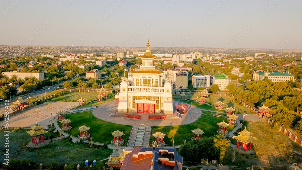 The golden abode of Buddha Shakyamuni at sunrise is the largest Buddhist temple in the Republic of Kalmykia, one of the largest Buddhist temples in Europe. Elista, Russia