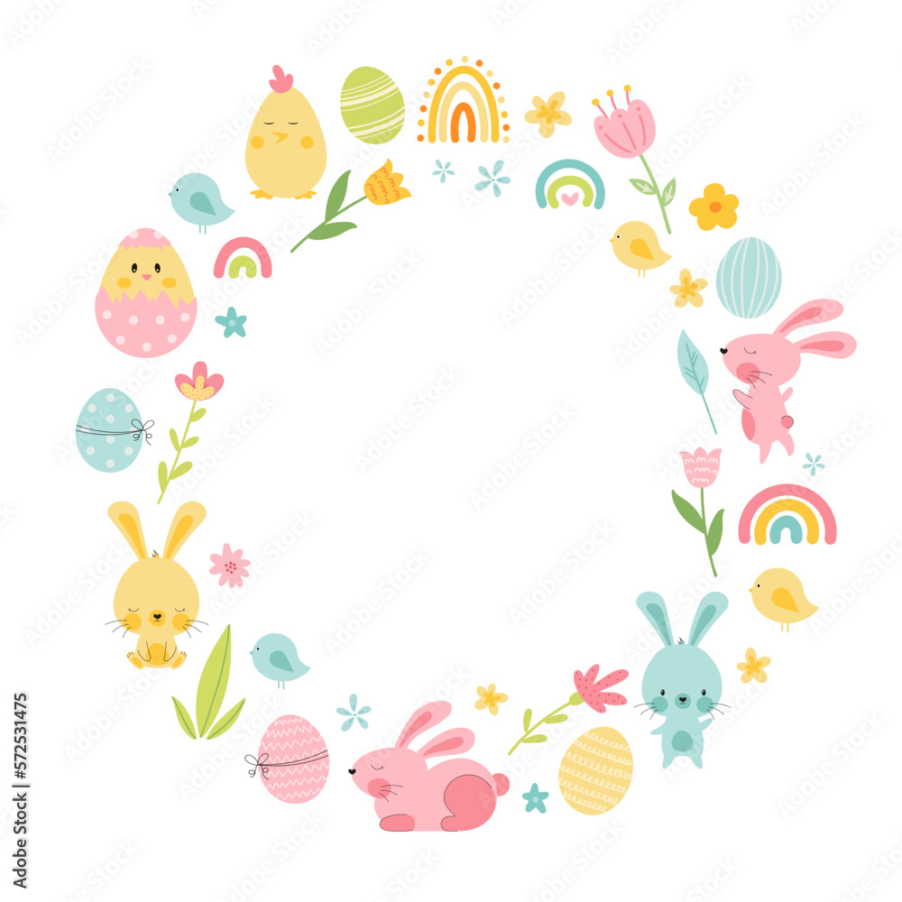 Easter frame with bunny, eggs, rainbow, flowers Easter frame with bunny, eggs, rainbow, flowers