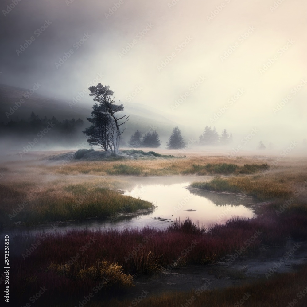 mysterious fog rolling across a velvety meadow, fantasy art, AI generation.