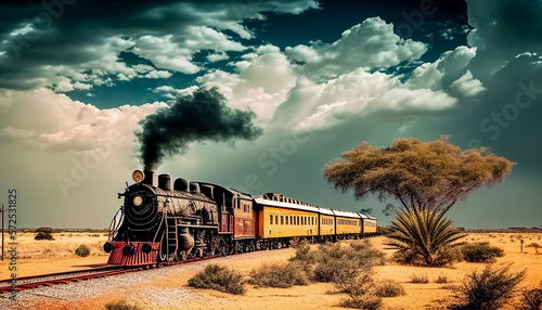 Illustration of old-time steam engine train middle of the desert, AI-generated image.