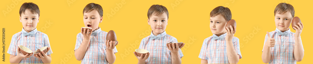Set of cute little boy with chocolate Easter eggs on yellow background Set of cute little boy with chocolate Easter eggs on yellow background