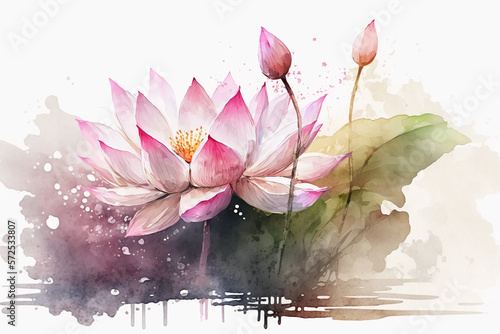 Pink watercolor lotus in water. AI generation 