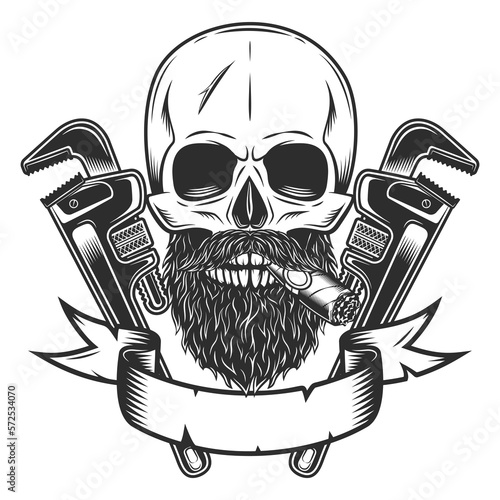 Skull smoking cigar or cigarette with mustache and beard with construction wrench for gas and builder plumbing pipe or body shop mechanic spanner repair tool vintage vector illustration
