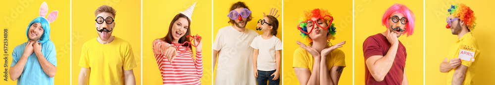 Festive collage for April Fool's Day with funny people on yellow background Festive collage for April Fool's Day with funny people on yellow background