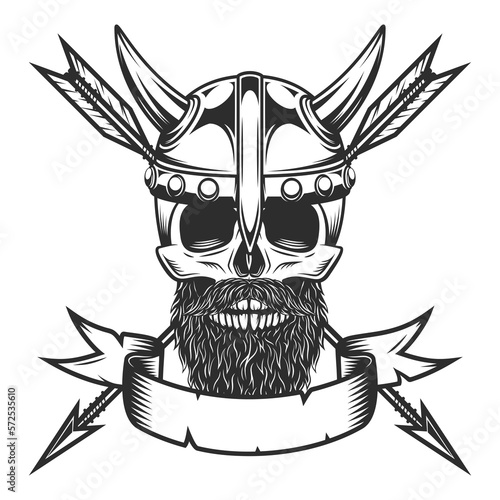Viking skull with mustache and beard in horned helmet with hunting arrow in monochrome style with design element for label or sign and emblem isolated vector illustration