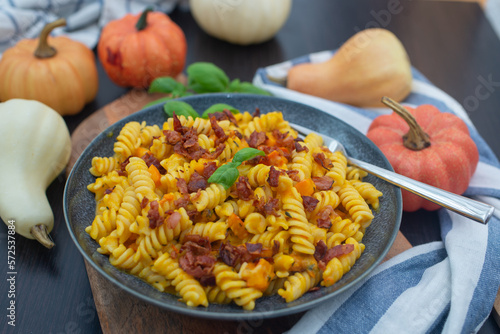 pumpkin pasta with herbs and bacon