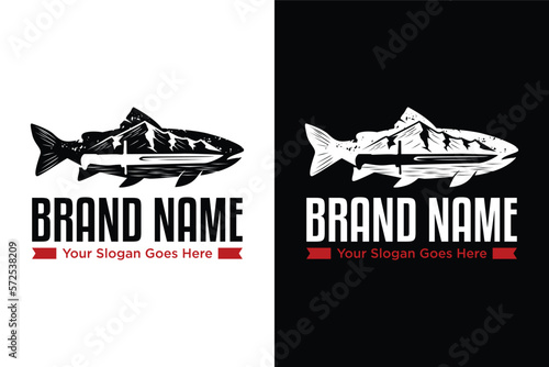 mountains and river with fish and knife illustration logo design