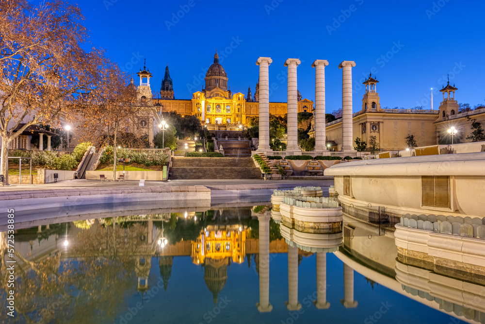 The National Palace on Montjuic mountain in Barcelona at dusk