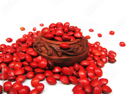 Adenanthera pavonina seeds scattered from a crimson wooden shell photo