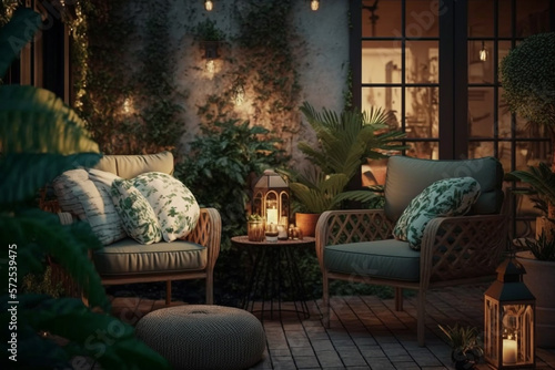 a warm and comfortable outdoor decoration, with a green garden atmosphere, the use of garden lights, and comfortable lounge chairs Generative AI