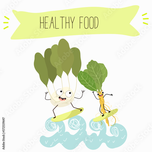 Vector Illustration with funny cartoon characters horseradish, kohlrabi. Funny and healthy food. Vitamins, cute face food, ingredients, vegetarian, vector cartoon, antioxidant.