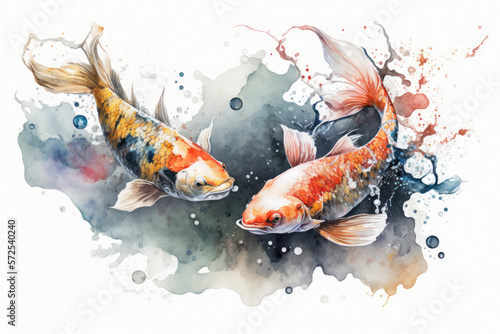 Japanese koi fish in pond painting watercolor orange, black and gold on a white background with black ink illustration, ai. 