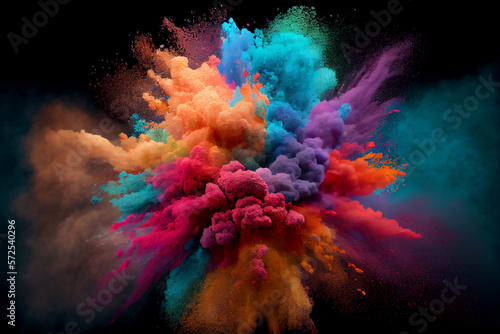 Colorful rainbow holi paint powder explosion on black background illustration