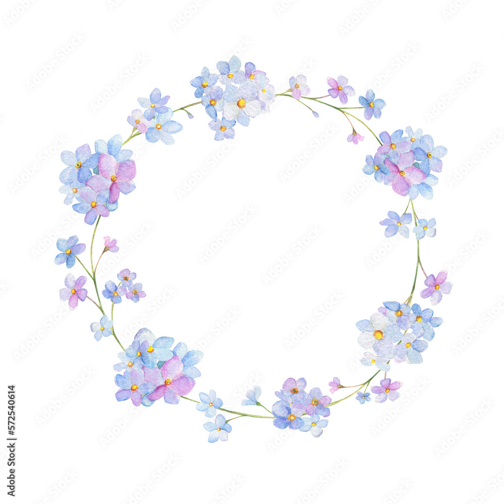 Forget-me-not watercolor wreath. Spring floral watercolor frame. Perfect for greeting cards, wedding invitation.