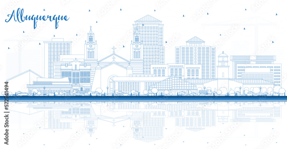 Outline Albuquerque New Mexico City Skyline with Blue Buildings and Reflections. Vector Illustration. Albuquerque USA Cityscape with Landmarks.