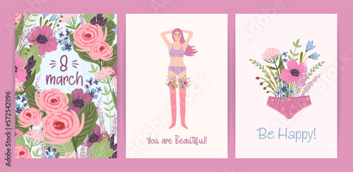 Cards with cute female illustrations. Vector set for Happy Womens Day, 8 march and other