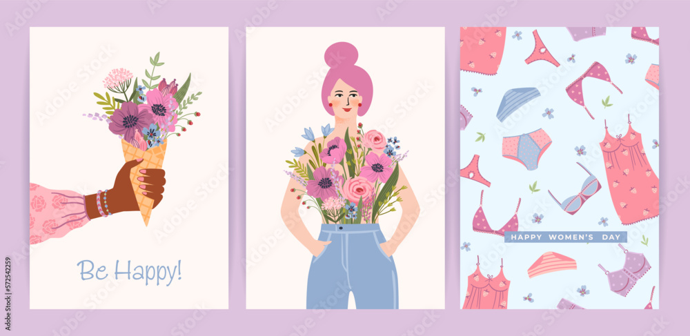 Cards with cute female illustrations. Vector set for Happy Womens Day, 8 march and other Cards with cute female illustrations. Vector set for Happy Womens Day, 8 march and other